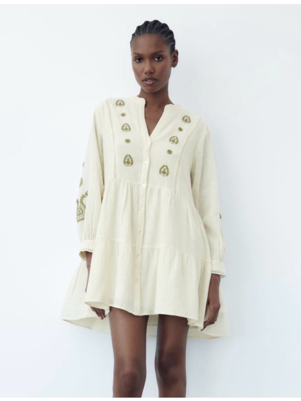 Zara Cream Tunic with Olive Embroidery size S